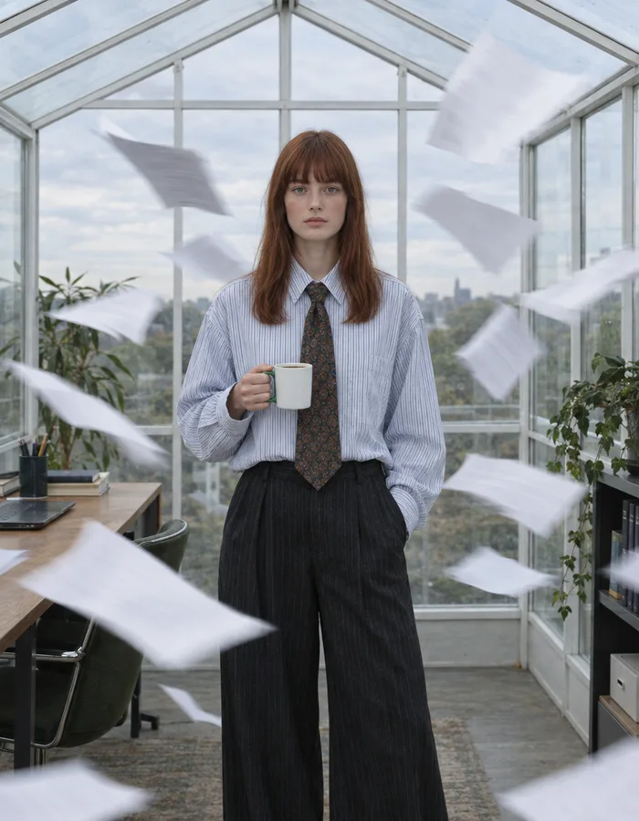 A person standing in a glass-walled office as loose sheets of paper fly around them